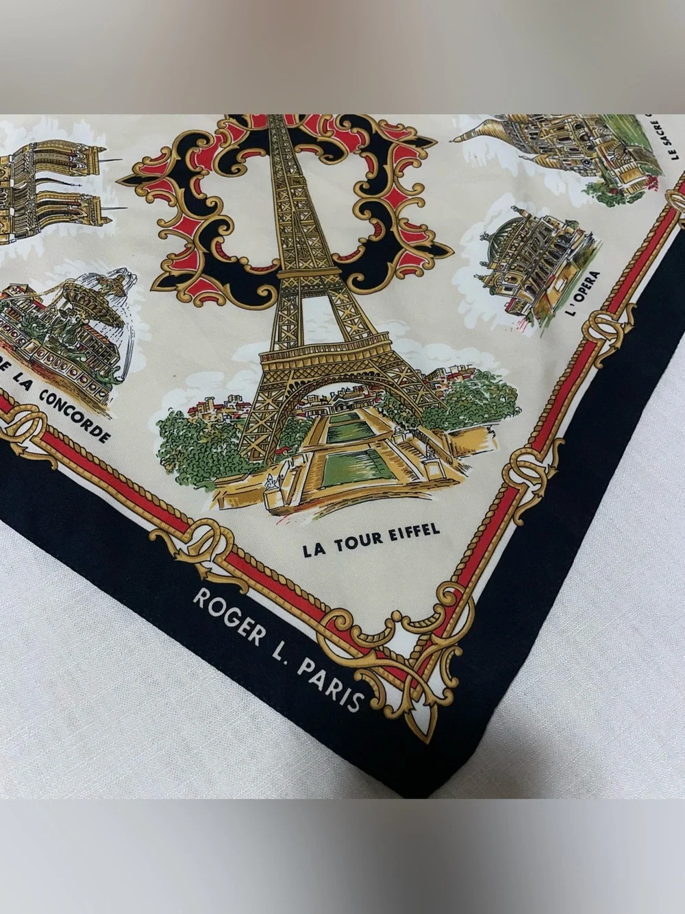 Vintage Silk Scarf Paris France Travel Tourist Graphic Print Rolled